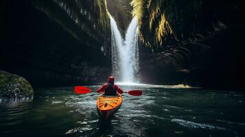 Generative AI, kayak raft river waterfall, extreme sport concept, whitewater kayaking photo