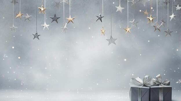 generativo ai, Navidad o nuevo año minimalista antecedentes con regalo cajas, plata y dorado bokeh luces, apagado colores foto