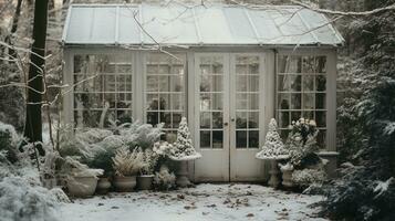 Generative AI, House front in the winter with Christmas decoration, wreath and garland. Snow cosy season photo