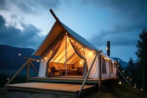 Stylish glamping tent in mountains at sunset. Generative AI photo