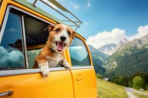 Dog enjoys the view from the window of vintage camper car. Generative AI photo