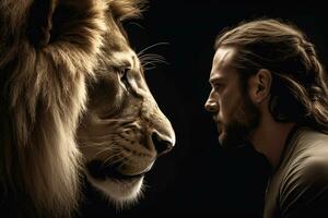 Man and lion looking each other in the eyes. Generative AI photo