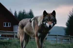 Big, angry and hungry wolf next to house at dusk. Generative AI photo