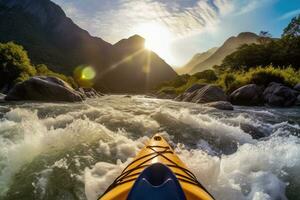 extremo kayak abajo el salvaje río en montañas a atardecer, punto de vista generativo ai foto