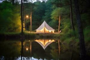 Stylish glamping tent nestled by a lake in a forest, Generative AI photo