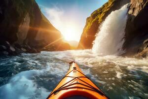 Extreme kayaking down the wild river in mountains at sunset, POV. Generative AI photo