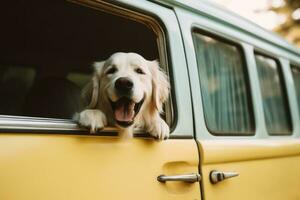 Dog enjoys the view from the window of vintage camper car. Generative AI photo
