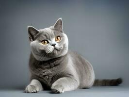 Cute British Shorthair cat kitten portrait on gray background in studio. Generative AI photo