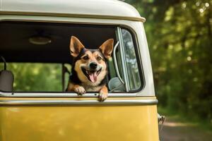 Happy dog with head out of the window in vintage camper car driving on scenic summer landscape. Generative AI photo