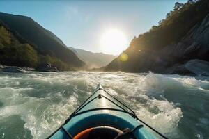 Extreme kayaking down the wild river in mountains at sunset, POV. Generative AI photo