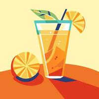 Illustration of citrus lemonade with a straw and a leaf on the sand. Refreshing citrus drink with ice, highlighted on a white background. Vector flat image in orange, blue colors. A glass on the sand