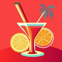 Illustration of a cocktail in a martini glass. Drink in a glass with a straw and a small palm tree. Vector flat illustration of a summer citrus cocktail on a bright background. Abstract drinks