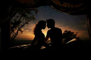 Silhouette of couple in bed at night time with stars. Generate Ai photo