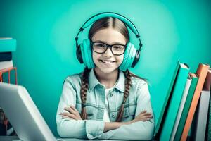 contento niña con auriculares aprendizaje en línea. generar ai foto