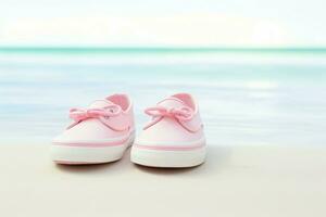 rosado playa Zapatos en caliente arena. generar ai foto