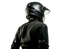 moto motorista vistiendo negro casco. generar ai foto