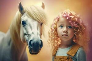 niña con rosado de colores pelo cerca el unicornio. generar ai foto