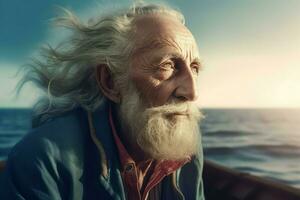 Old man at breeze ocean water. Generate ai photo