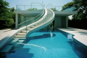 Modern swimming pool with stairs style resort. Generate Ai photo