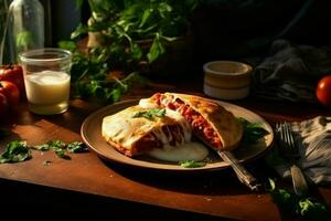 Pizza calzone on plate on home table. Generate Ai photo