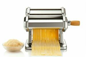 Metal pasta maker machine with dough isolated. Generate Ai photo