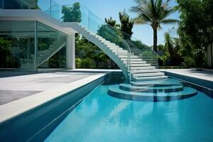 Modern swimming pool with stairs to room. Generate Ai photo