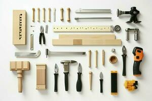 Modern carpenters equipment tools on white background. Generate Ai photo