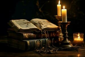 Old book stack and candles on wooden table. Generate AI photo