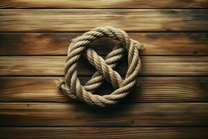 Marine knot on wooden ocean background. Generate AI photo