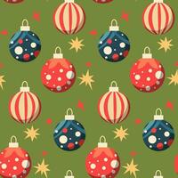 Christmas seamless pattern with round Christmas tree toys and confetti of stars. A bright round figure with blue, red and yellow stripes on a green background. Vector flat illustration. New Year's