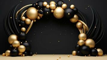 Generative AI, arch of black and golden balloons. Mock up for Black Friday or other holiday 3d background photo