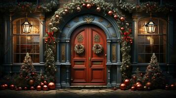 Generative AI, Front door with Christmas decoration, wreath and garland. Red and grey colors photo