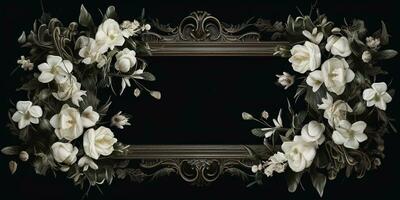 Generative AI, vintage frame with white flowers, futuristic victorian, black background photo