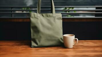 Generative AI, Realistic khaki tote canvas fabric bag set-up in at cafe interior, shopper mock up blank. photo