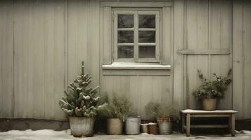 Generative AI, House front in the winter with Christmas decoration, wreath and garland. Snow cosy season photo