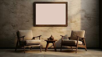 Generative AI, Poster frame mockup in beige and brown living room interior, wabi sabi minimalism style photo