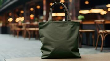 Generative AI, Realistic khaki tote canvas fabric bag set-up in at cafe interior, shopper mock up blank. photo