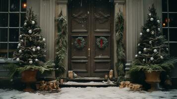 Generative AI, House front in the winter with Christmas decoration, wreath and garland. Snow cosy season photo