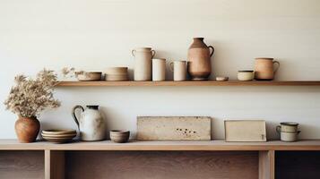 Generative AI, kitchen interior, minimalistic japanese wabi sabi style, muted natural neutral colors photo