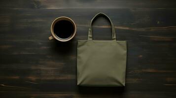 Generative AI, Realistic khaki tote canvas fabric bag set-up in at cafe interior, shopper mock up blank. photo