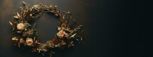 Generative AI, Stylish autumn rustic wreath close up, aesthetic muted colors photo