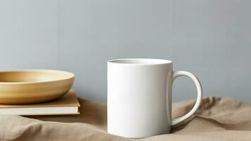 Generative AI, White ceramic cup set-up in at home interior, mug mock up blank, muted neutral colors. photo