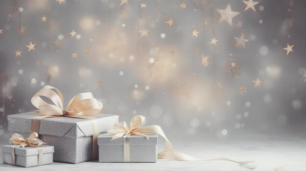 generativo ai, Navidad o nuevo año minimalista antecedentes con regalo cajas, plata y dorado bokeh luces, apagado colores foto