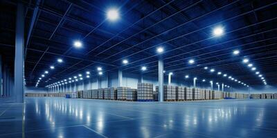 Generative AI, Warehouse interior with LED lighting, industry building, distribution retail center, part of storage and shipping system.. photo