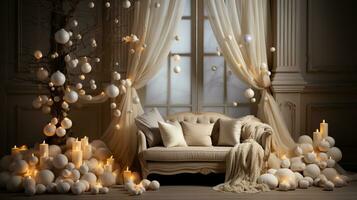 generativo ai, lujo beige interior con Navidad dorado y blanco decoración foto