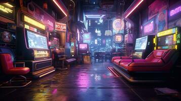 Generative AI, Cyberpunk style game bar or cafe. Night scene of big city, futuristic nostalgic 80s, 90s. Neon lights vibrant colors, photorealistic horizontal photo