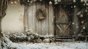 Generative AI, House front in the winter with Christmas decoration, wreath and garland. Snow cosy season photo