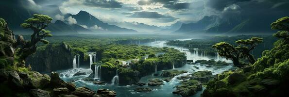 Generative AI, Beautiful green amazon forest landscape, rainforest jungle with waterfalls photo