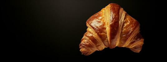 generativo ai, Fresco cuerno en oscuro antecedentes con Copiar espacio, francés panadería foto
