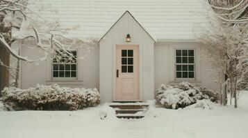 generativo ai, casa frente en el invierno con Navidad decoración, guirnalda y guirnalda. nieve acogedor temporada foto